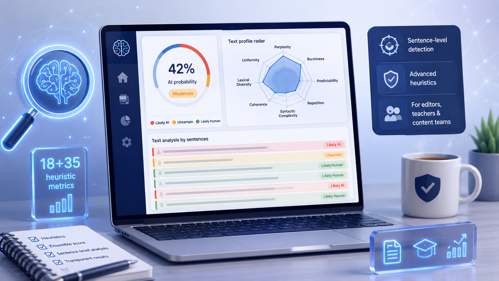 Meet AI Detector PRO: per-sentence AI-text analysis with a radar chart and fragment map